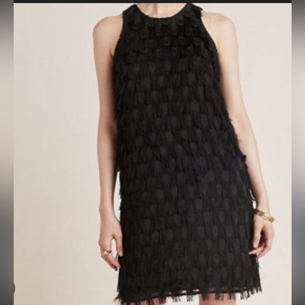 Anthropologie Roxie textured fringe polka dot mini dress in black size 4 NWOT